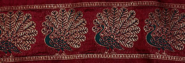Maroon Banarasi Fabric Border with Hand-woven Peacocks in Green and Gold