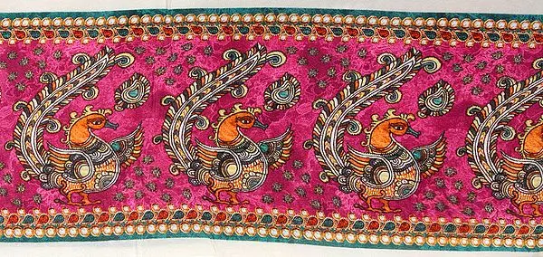 Pink Fabric Border with Digital-Printed Stylized Peacocks