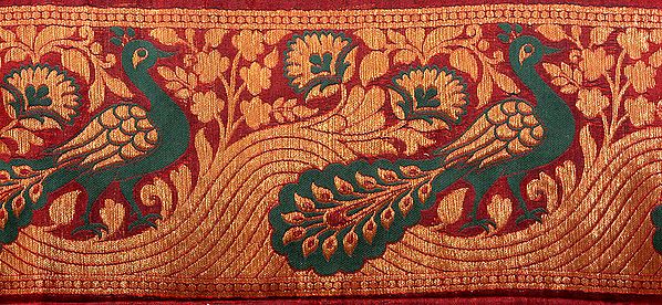 Maroon Banarasi Fabric Border with Hand-woven Peacocks in Green and Gold