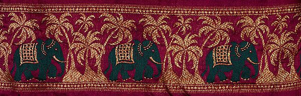 Violet Banarasi Fabric Border with Woven Elephants and Palm Trees