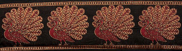 Black Banarasi Fabric Border with Hand-woven Peacocks in Red and Gold