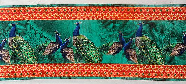 Green Fabric Border with Digital-Printed Peacocks