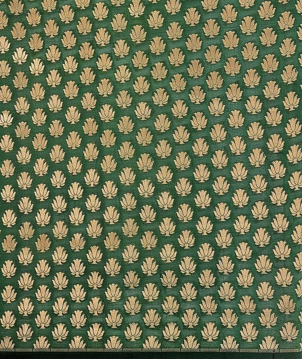 Green Banarasi Katan Georgette Fabric with Woven Lotuses