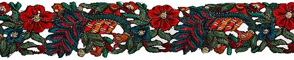 Multi-Color Floral Aari Embroidered Fabric Border with Cutwork
