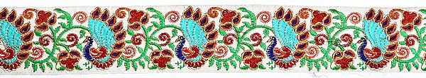 White Fabric Border with Embroidered Peacocks
