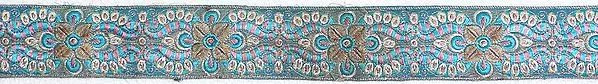 Sky-Blue Fabric Border with Crewel Embroidered Flowers