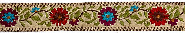 Beige Fabric Border with Aari Embroidered Flowers