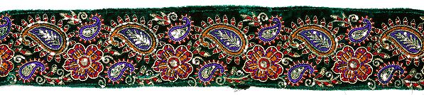 Green Velvet Border with Embroidered Paisleys and Flowers