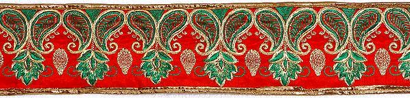 Red Paisley Border with Crewel Embroidery in Golden Thread