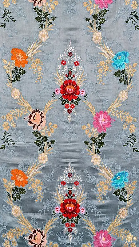 Gray Brocade Fabric with Woven Roses by Hand