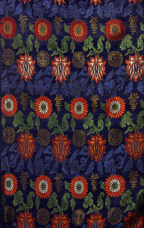 Navy-Blue Thangka Brocade from Banaras with Woven Flowers