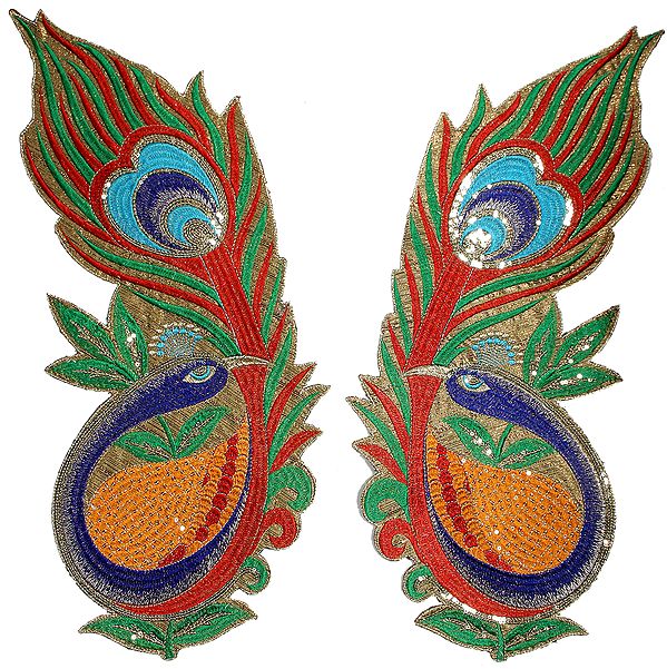 Pair of Multi-Color Embroidered Giant Peacock Patches with Cutwork and Sequins
