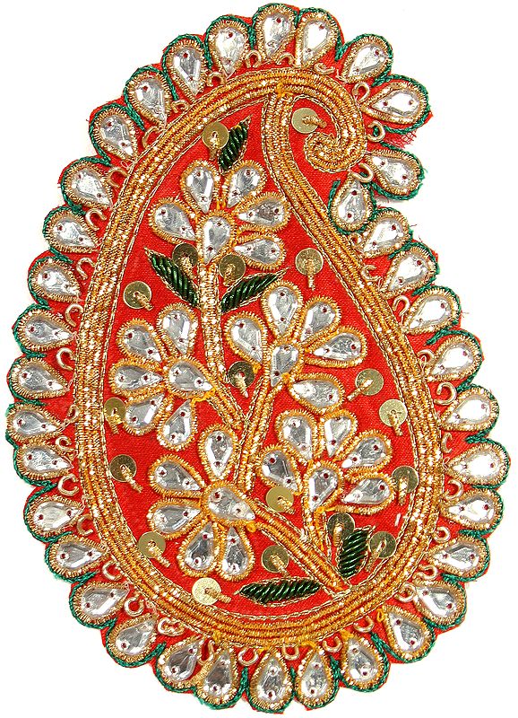 Pair of Garnet-Red and Green Designer Paisley Patches with Crystal Bead Work and Sequins