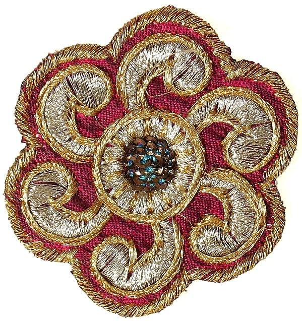 Set of 5 Magenta Floral Patches with Golden Thread Work and Sequins