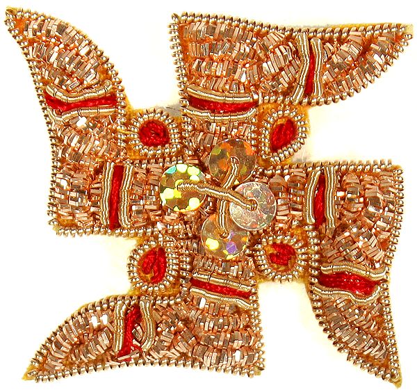Pair of Golden Zardozi Hindu Swastik Patches with Sequins