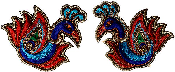 Pair of Blue and Red Peacock Patches with Threadwork and Sequins