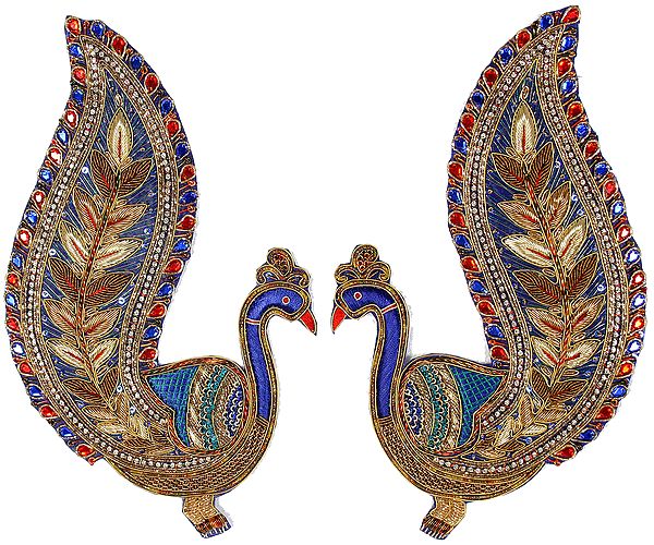 Pair of Mazarine-Blue Designer Peacock Patches with Zardozi Work and Crystals