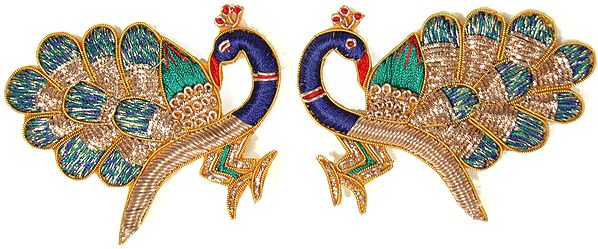 Pair of Mazarine-Blue and Green Peacock Patches with Zardozi Work
