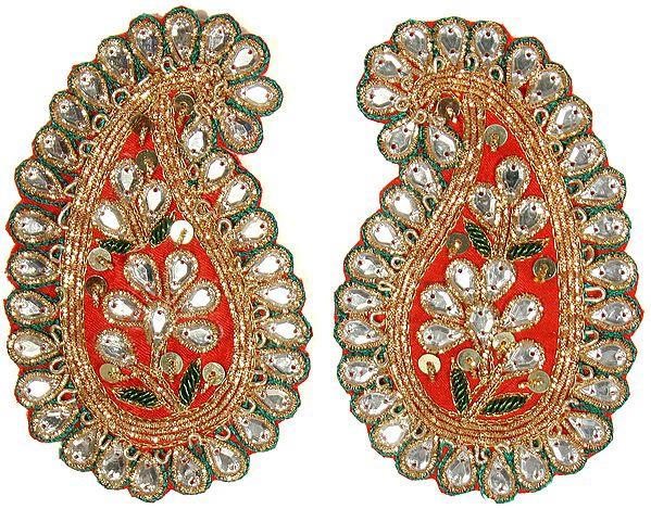 Pair of Scarlet and Greeen Paisley Patches with Zardozi Work and and Beads