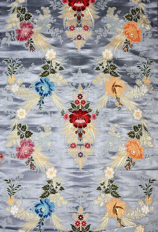 Gray Brocade Fabric with Woven Roses by Hand