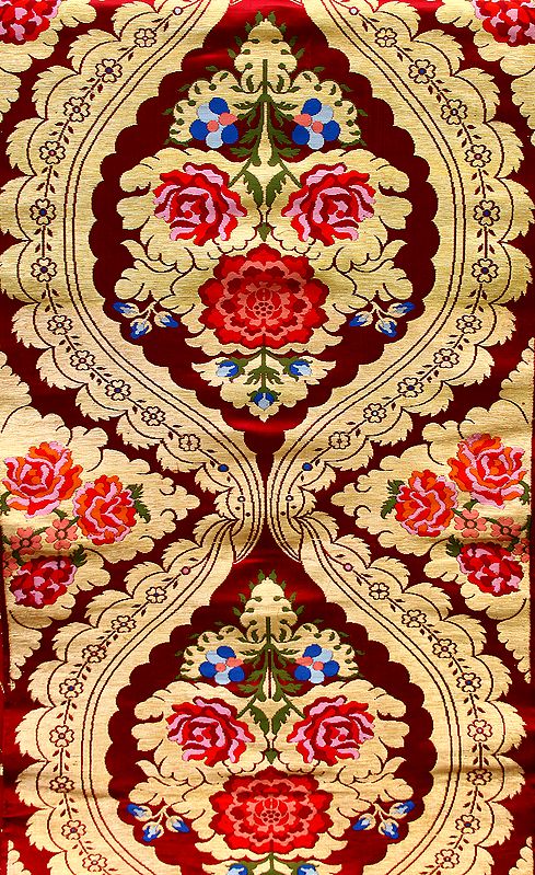 Tibetan-Red Brocade Fabric with Woven Roses