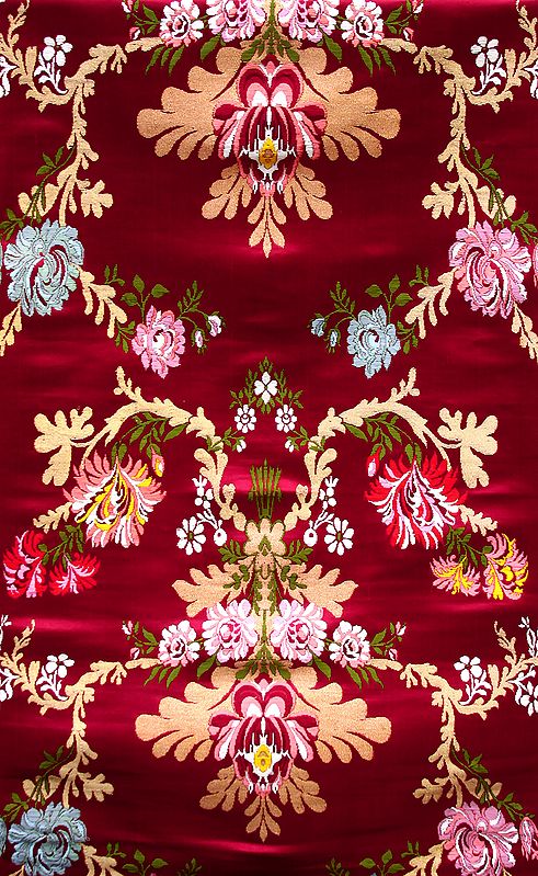 Tibetan-Red Lotus Brocade with Hand-woven Flowers