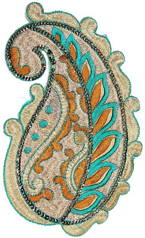 Beige and Green Paisley Patch with Sequins and Cutwork