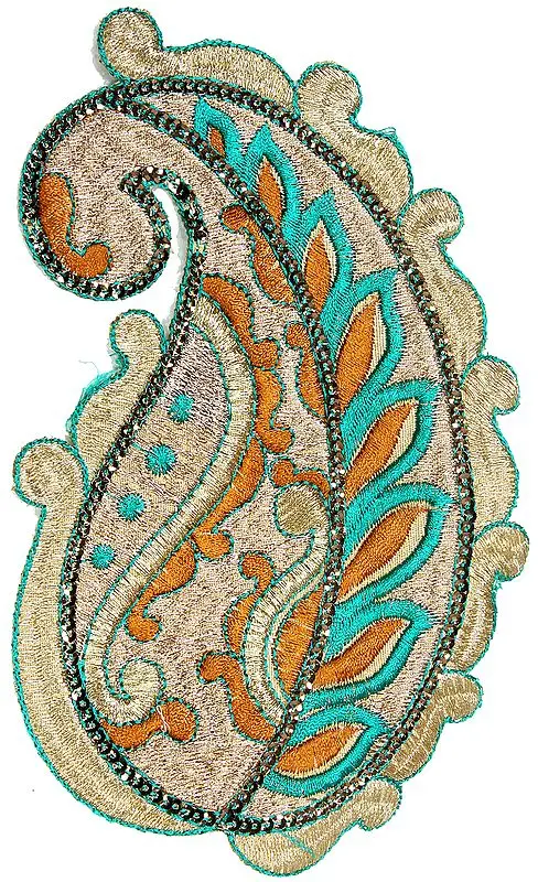 Beige and Green Paisley Patch with Sequins and Cutwork