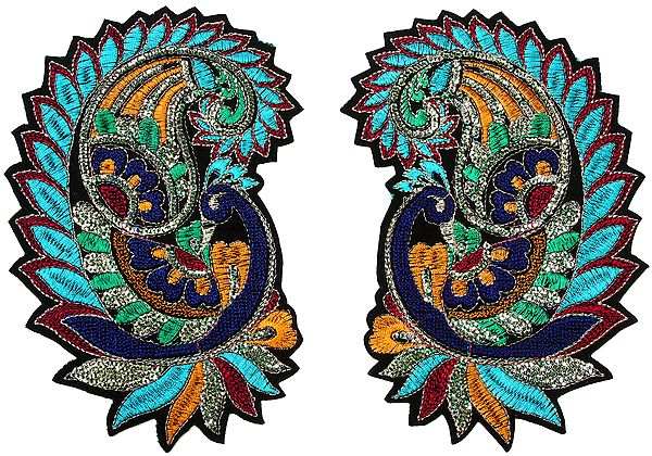 Pair of Multi-Color Embroidered Peacocks with Sequins and Cut Work