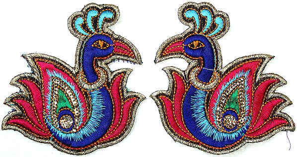 Pair of Multi-Color Embroidered Peacocks