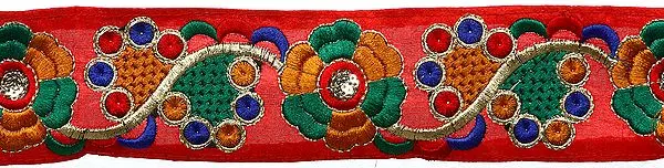 Red Floral Border with Crewel Embroidery and Sequins