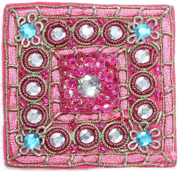 Pink Embroidered Square Patch with Beadwork
