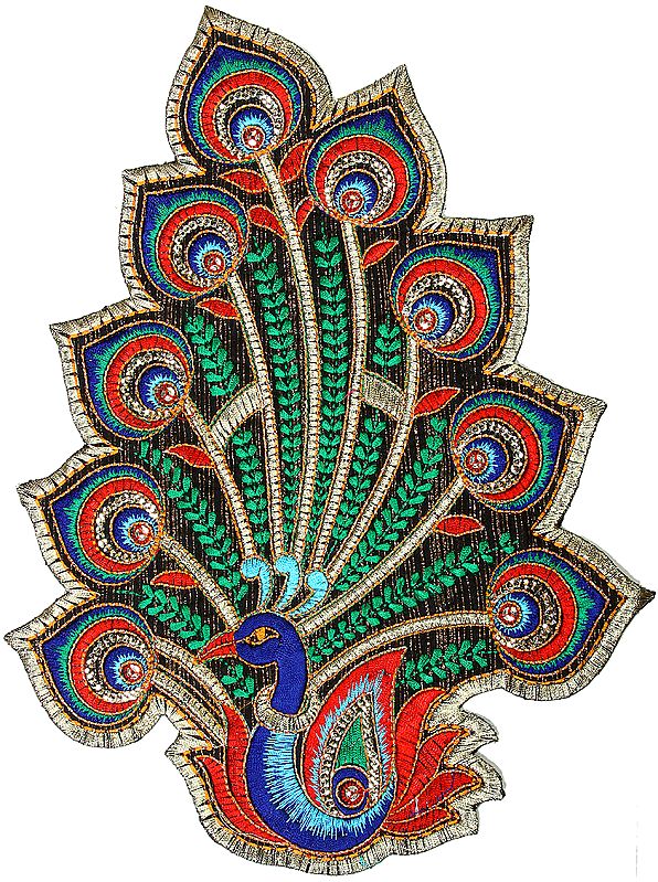 Multi-Color Embroidered Peacock Patch with Sequins | Exotic India Art
