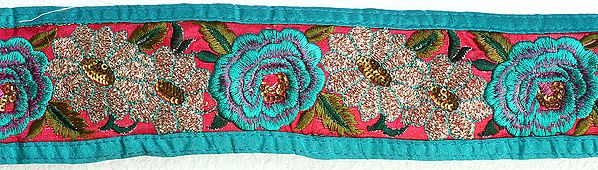 Turquoise Floral Border with Crewel Embroidery and Sequins