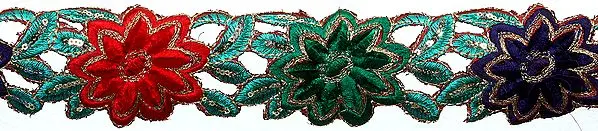 Floral Cutwork Border with Metallic Thread Embroidery and Sequins