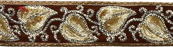 Chocolate-Brown Border with Leaves Embroidered with Sequins