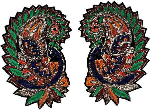 Pair of Multi-Color Embroidered Peacocks Stylized as Paisleys