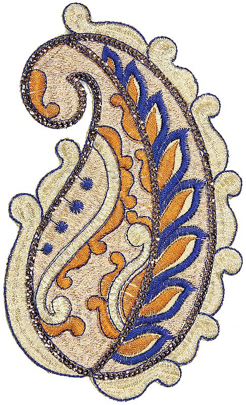 Golden and Blue Paisley Embroidered Patch with Sequins