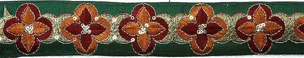 Dark Green Fabric Border with Metallic Thread Work and Sequins