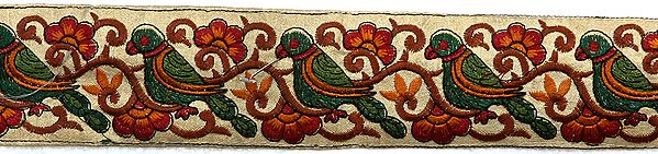 Beige Fabric Border with Embroidered Parrot and Flowers