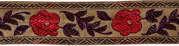 Khaki Fabric Border with Crewel Embroidered Flowers and leaves