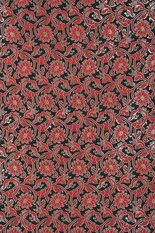 Dark-Green Katan Fabric from Banaras with Woven Flowers in Red and Gold