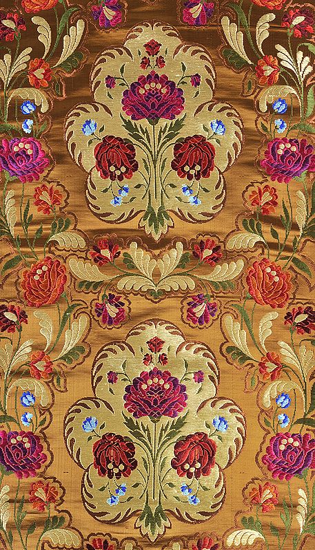 Pale-Gold Brocade Fabric with Woven Roses and Zari Weave