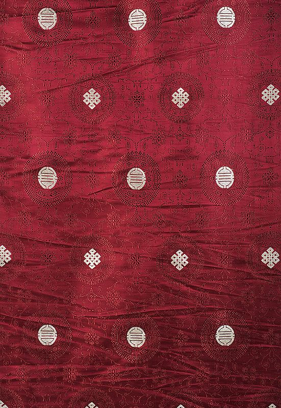 Maroon Banarasi Fabric with Woven Tibetan Endless Knot and Chinese Shou Symbol