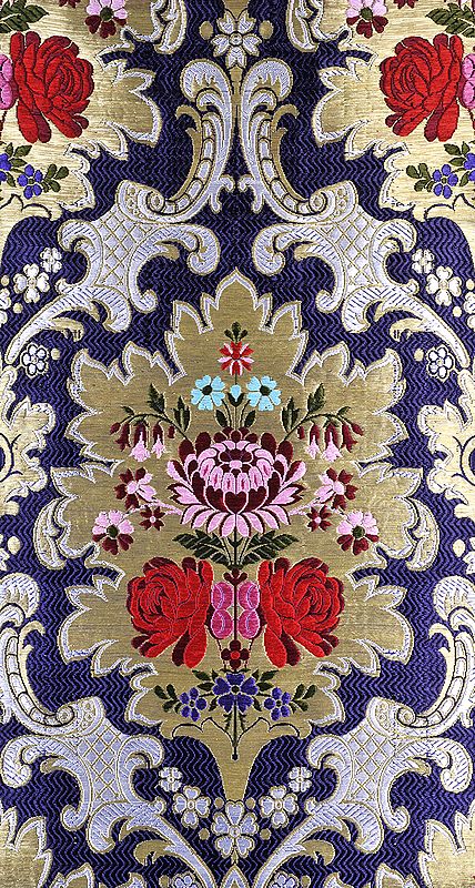 Navy-Blue Gyasar Brocade from Banaras with Large Woven Roses