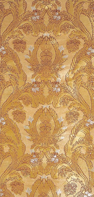 Golden Brocade Fabric from Banaras with Woven Flowers and Leaves