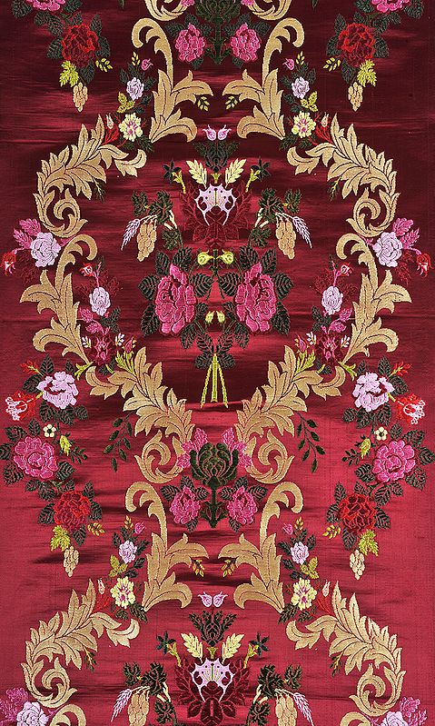 Cordovan Floral Brocade Fabric from Banaras with Golden Zari Weave