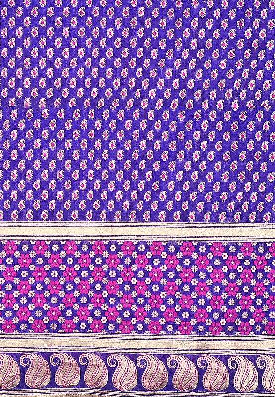Ultramarine-Blue Fabric from Banaras with Woven Paisleys and Twin Borders