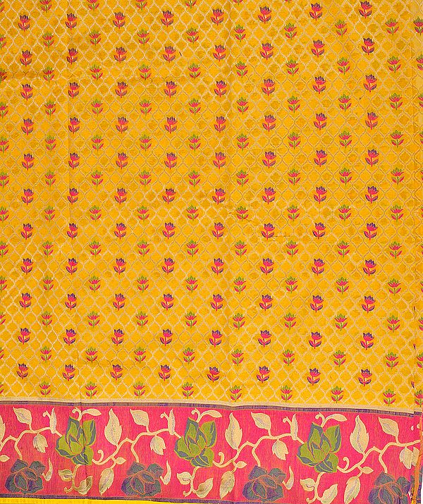 Citrus-Yellow Dodama Kurti Fabric from Banaras with Woven Flowers and Golden Zari Weave