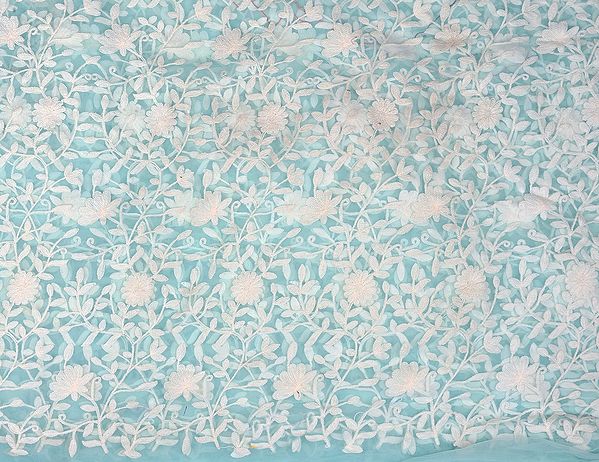 Aqua-Sky Fabric from Surat with Thread Embroidered Flowers in White